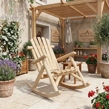 Chaise à Bascule en Bois Blanc. Un  rocking-chair rustique en bois clair sur une terrasse fleurie