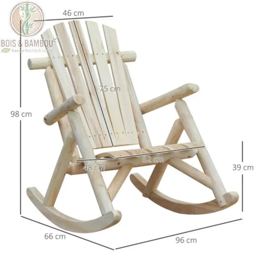 Chaise à Bascule en Bois Blanc. Un schéma technique d'un rocking-chair rustique en bois clair avec ses dimensions précises (hauteur, largeur, profondeur) indiquées sur fond blanc.