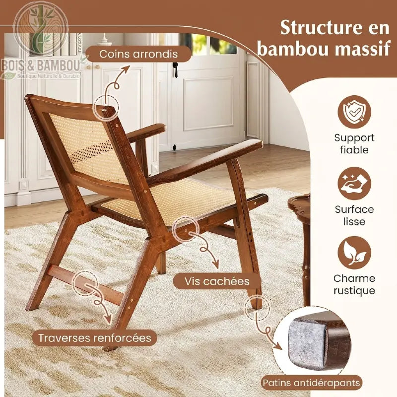 Structure bambou massif chaise cannage coins arrondis patins antidérapants