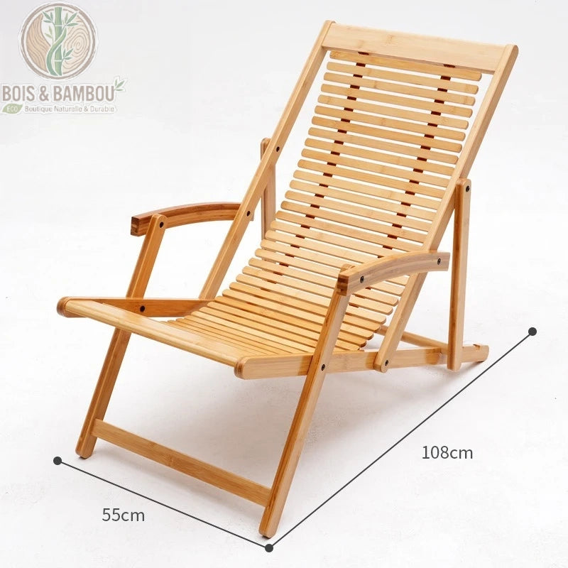 Chaise de Detente en Bambou 3. Infographie d'une chaise longue en bambou naturel montrant ses dimensions de 108 cm de long et 55 cm de large, idéale pour un confort ergonomique et durable.
