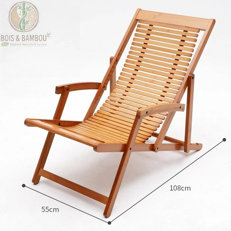 Chaise de Detente en Bambou 4. Infographie présentant une chaise longue pliante en bambou naturel sur fond blanc avec ses dimensions indiquées : 108 cm de longueur et 55 cm de largeur.