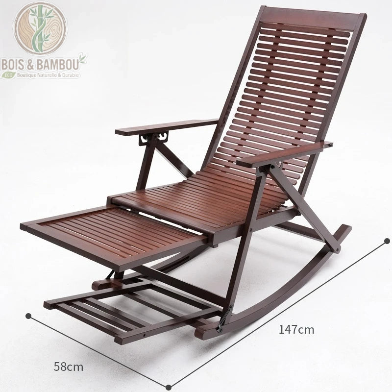 Chaise de Detente en Bambou 5. Infographie d'une chaise à bascule en bambou marron avec repose-pieds rétractable, indiquant ses dimensions de confort : 147 cm de longueur et 58 cm de largeur.