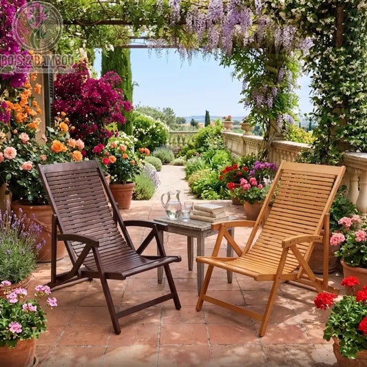 Chaise de Detente en Bambou situation 2. Deux chaises pliantes en bambou, une marron foncé et une naturelle, installées sur une terrasse ensoleillée et fleurie pour un moment de relaxation extérieur.