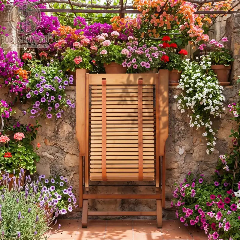 Chaise de Detente en Bambou situation 3. Chaise de détente pliée en bambou naturel posée contre un mur en pierre entouré de fleurs colorées, illustrant un rangement compact et esthétique.