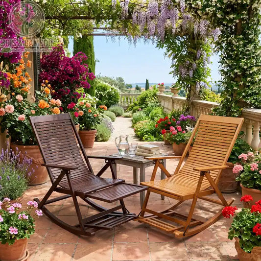 Chaise de Detente en Bambou situation. Deux chaises à bascule en bambou, une marron et une naturelle, disposées sur une terrasse fleurie sous une pergola, idéales pour la relaxation en extérieur.