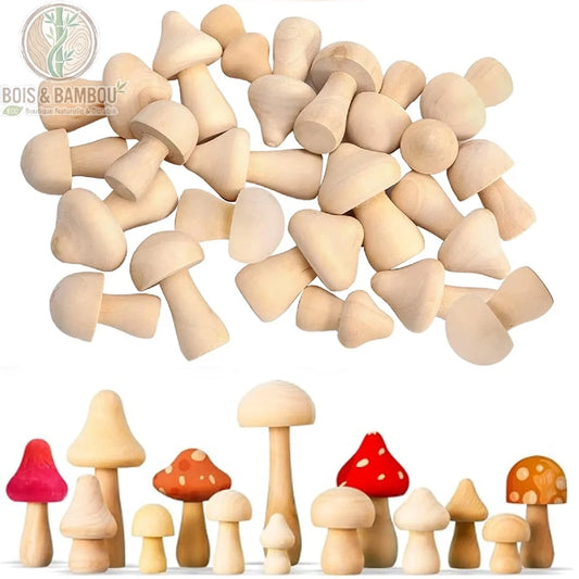 Champignons en bois inachevés à peindre. Collection de petits champignons en bois brut de différentes formes, avec quelques modèles peints en rouge et orange en bas de l'image.