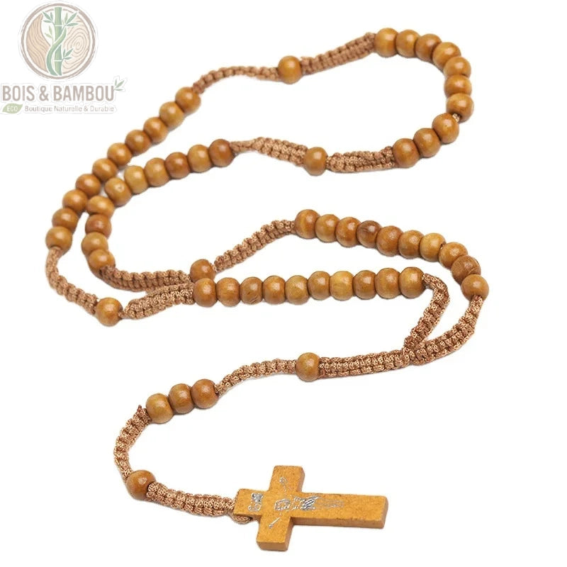 Chapelet en bois naturel brun doré fait main avec croix pendante sur cordelette ton sur ton