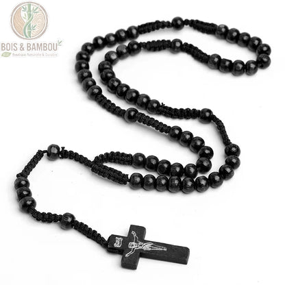 Chapelet catholique en bois naturel noir perles rondes sur cordelette noire avec croix Christ