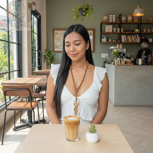 Chapelet catholique en bois naturel avec croix, porté par une femme assise dans un café devant un café latte et une petite plante décorative.