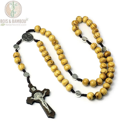 Chapelet perles de bois naturel 10mm clair veiné cordelette noire médaille Saint-Benoît argentée