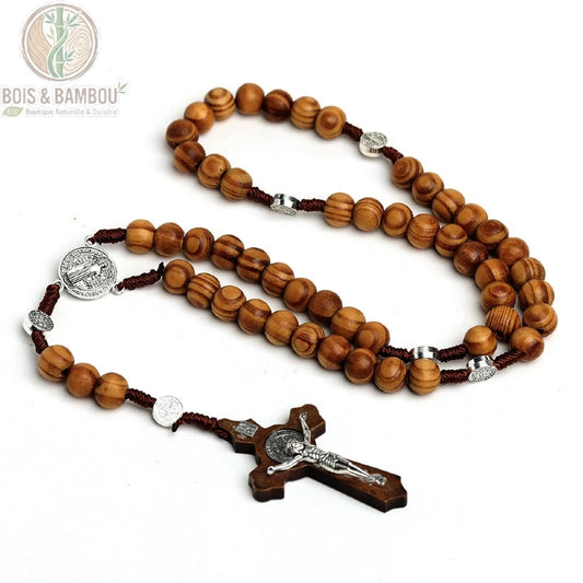 Chapelet perles de bois naturel 10mm marron cordelette bordeaux médaille Saint-Benoît et croix bois
