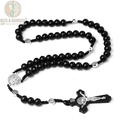 Chapelet perles de bois naturel 10mm clair veiné cordelette noire médaille Saint-Benoît argentée