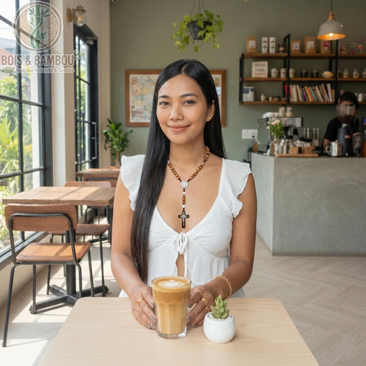 Chapelet en perles de bois naturel de 10mm avec croix, porté par une femme assise dans un café devant un latte et une petite plante.