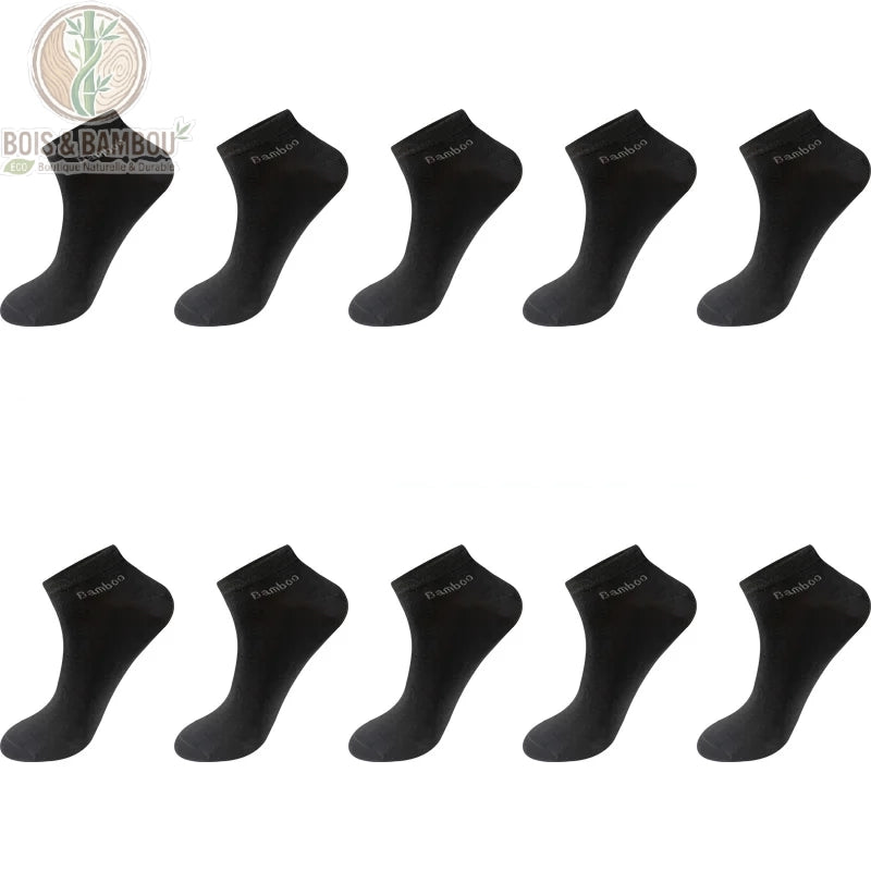 Pack 10 paires de chaussettes courtes noires en fibre de bambou, format socquette invisible.