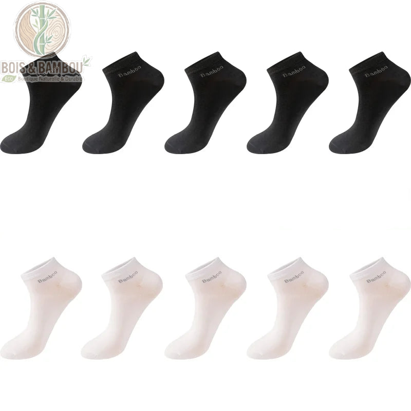 Pack mixte 5 paires noires et 5 paires blanches de chaussettes courtes en fibre de bambou.