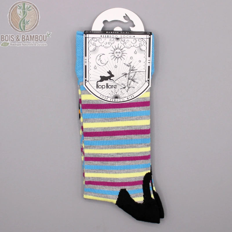 Chaussettes bambou fantaisie rayées multicolores dans leur emballage carton