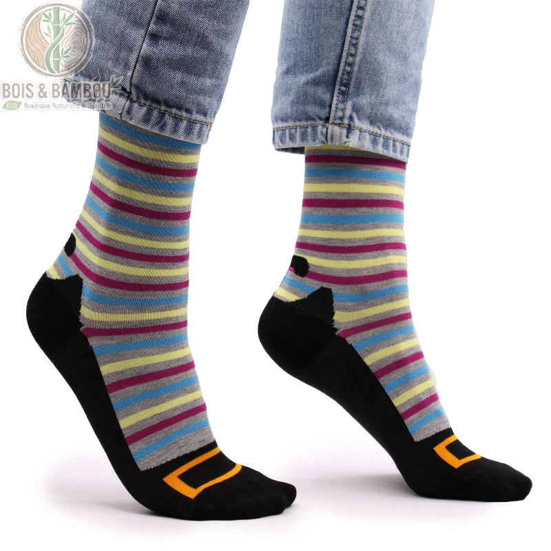 Chaussettes bambou fantaisie rayées multicolores vue de profil talon noir
