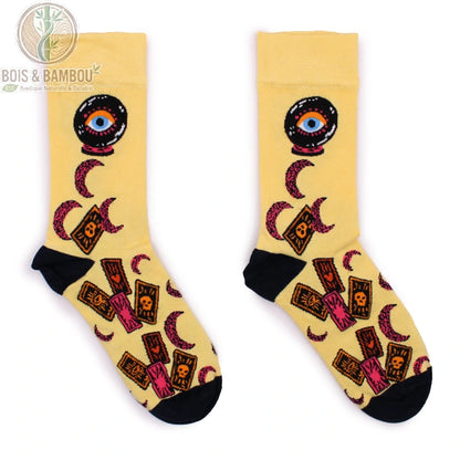 Paire de chaussettes bambou fantaisie tarot avec boule de voyance à plat