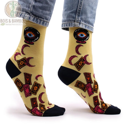 Chaussettes bambou fantaisie tarot vue de profil sur talon noir