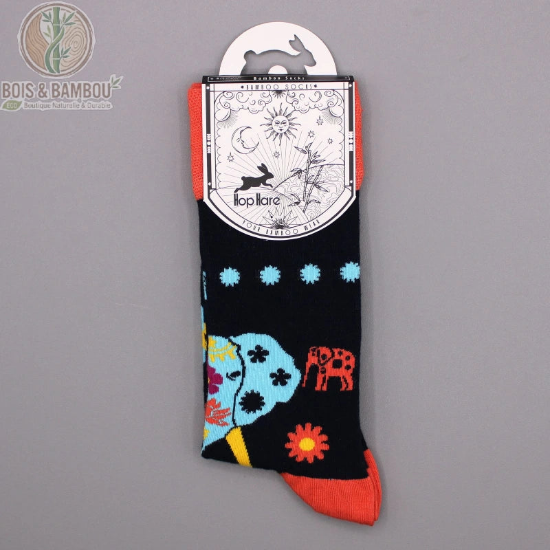 Chaussettes bambou fantaisie éléphant à plat avec étiquette illustrée