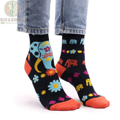 Chaussettes bambou fantaisie éléphant portées avec un jean