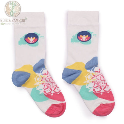 Chaussettes en bambou fantaisie lotus, détail du motif crème et bleu