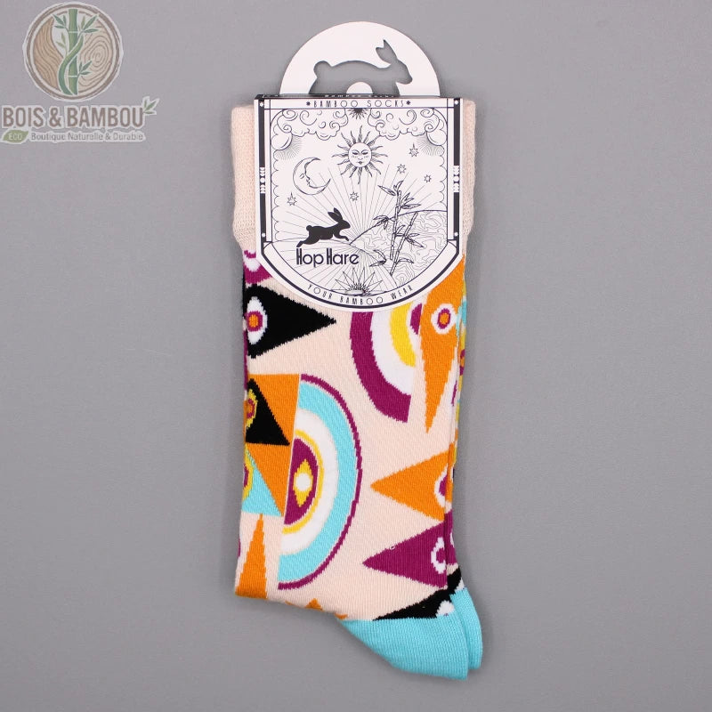 Chaussettes en bambou fantaisie œil psychédélique dans leur emballage cartonné