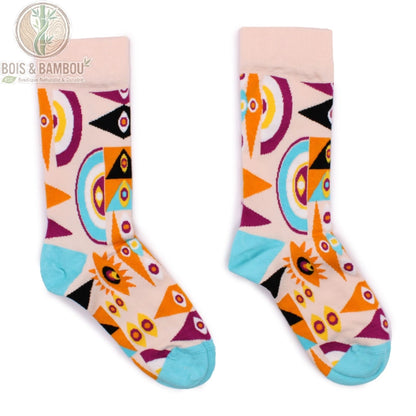 Paire de chaussettes bambou fantaisie œil psychédélique multicolore posée à plat