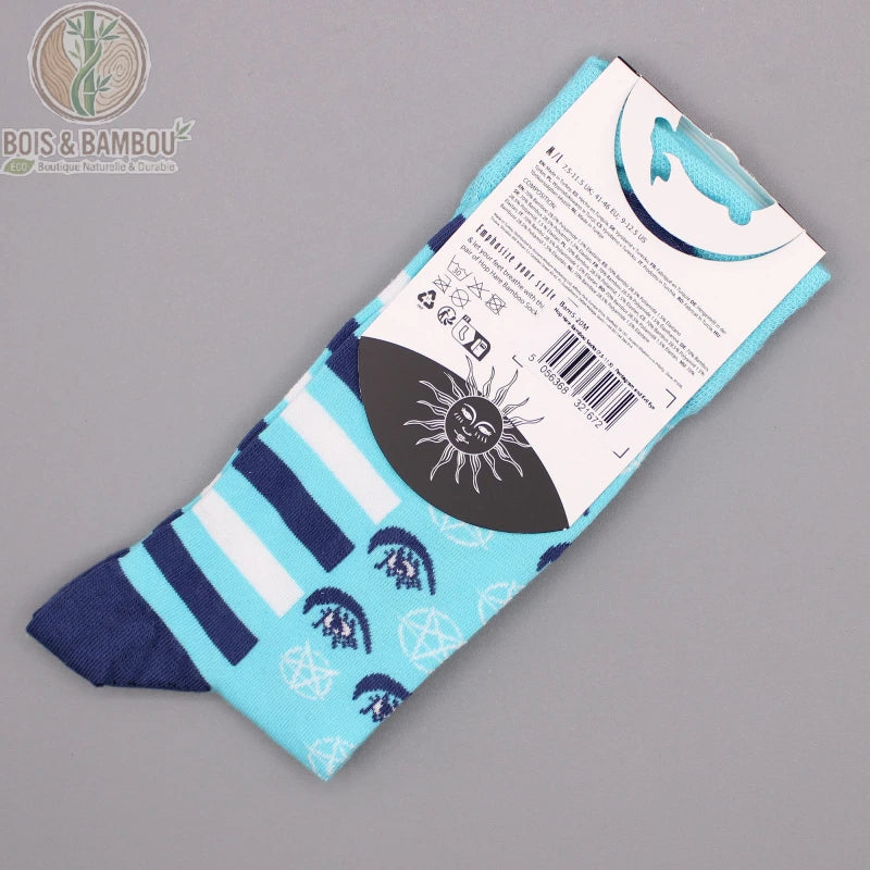 Chaussettes bambou fantaisie pentagramme dans leur emballage carton