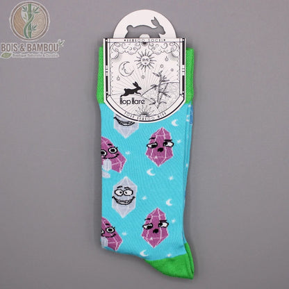 Chaussettes en bambou pierres précieuses kawaii avec revers vert, vue emballage