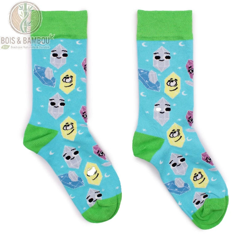 Paire de chaussettes en bambou motif cristaux colorés sur fond turquoise
