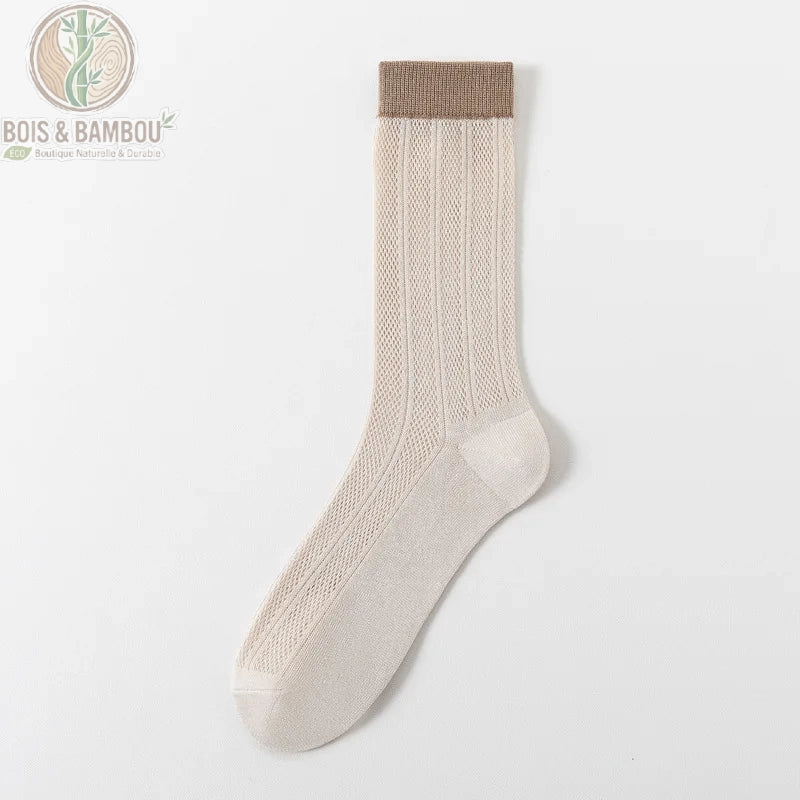 Chaussette mi-mollet en fibre de bambou pour femme coloris beige à bord contrastant marron