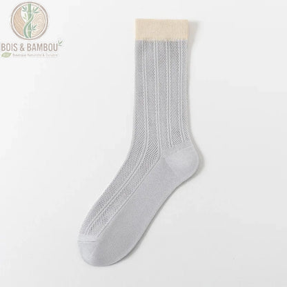 Chaussette mi-mollet en fibre de bambou pour femme coloris gris clair à bord contrastant beige