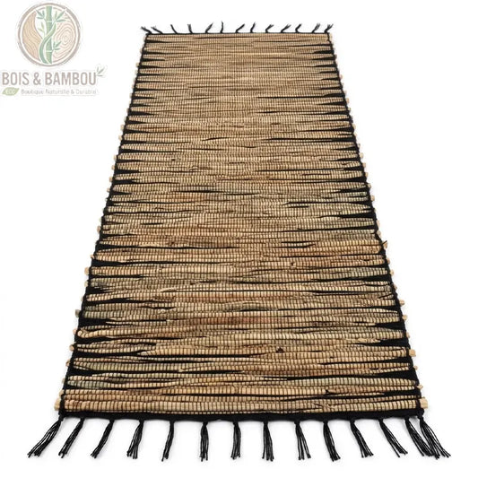 Chemin de table en jacinthe d'eau motif tigre noir à franges, vue produit fond blanc, Bois Et Bambou Eco