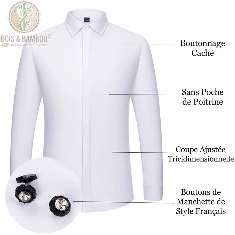 Chemise Élégantes en fibre de bambou details. Schéma d'une chemise blanche ajustée soulignant le boutonnage caché, l'absence de poche et les boutons de manchette de style français.