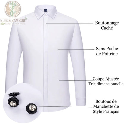 Chemise Élégantes en fibre de bambou details. Schéma d'une chemise blanche ajustée soulignant le boutonnage caché, l'absence de poche et les boutons de manchette de style français.