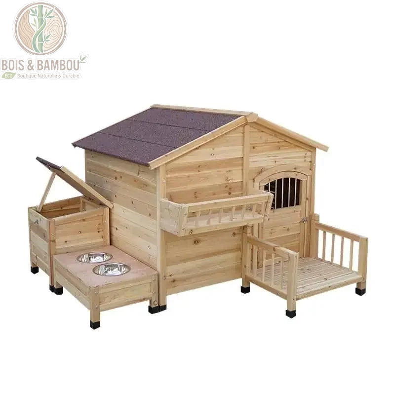 Chenil Extérieur en Sapin d'Asie. Une niche luxueuse en bois avec toit en pente, terrasse clôturée, jardinière intégrée et support pour gamelles d'eau et de nourriture sur le côté.