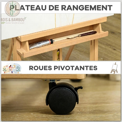 Chevalet d'Artiste en Hêtre avec un tube de peinture et un outil de peinture à l'intérieur, et des roues pivotantes avec un levier de frein.
