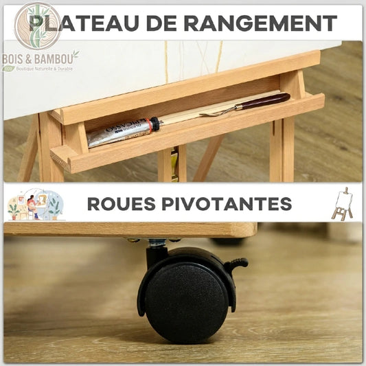 Chevalet d'Artiste en Hêtre avec un tube de peinture et un outil de peinture à l'intérieur, et des roues pivotantes avec un levier de frein.