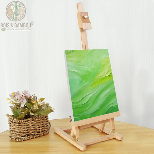 Chevalet de table bois hêtre avec toile verte en situation