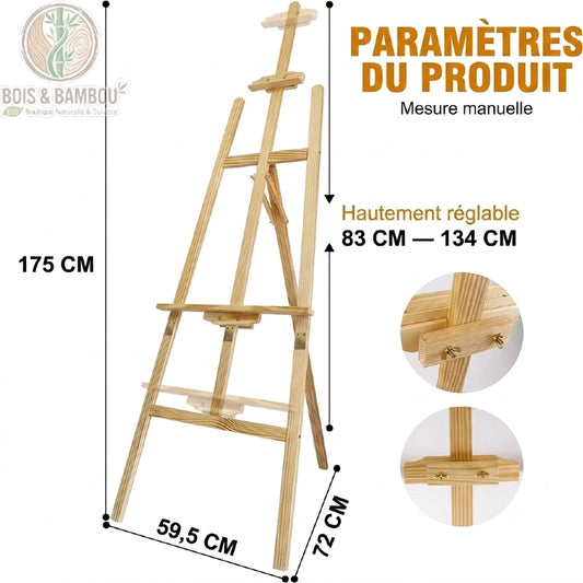 Chevalet artiste bois de pin 175 cm réglable grande toile