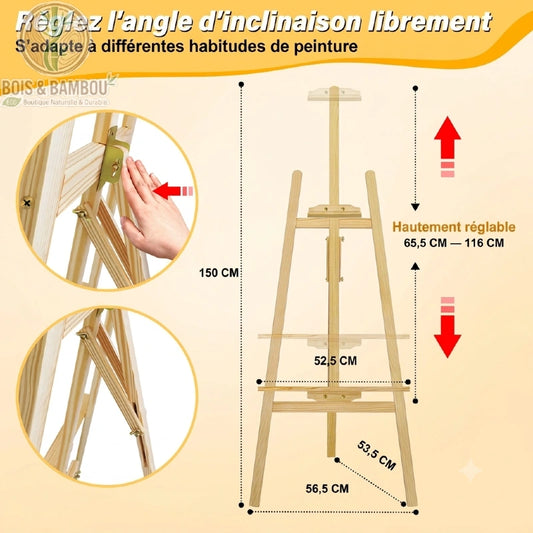 Chevalet artiste bois de pin 150 cm réglable angle inclinaison