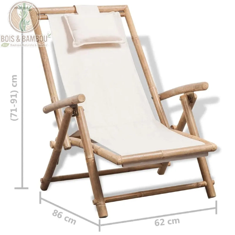 Chilienne en Bambou dimensions. Infographie d'une chilienne en bambou avec toile écrue : hauteur réglable (71-91 cm), longueur 86 cm et largeur 62 cm, incluant un coussin repose-tête confortable.