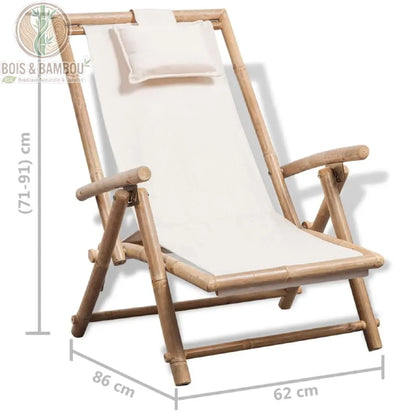 Chilienne en Bambou dimensions. Infographie d'une chilienne en bambou avec toile écrue : hauteur réglable (71-91 cm), longueur 86 cm et largeur 62 cm, incluant un coussin repose-tête confortable.