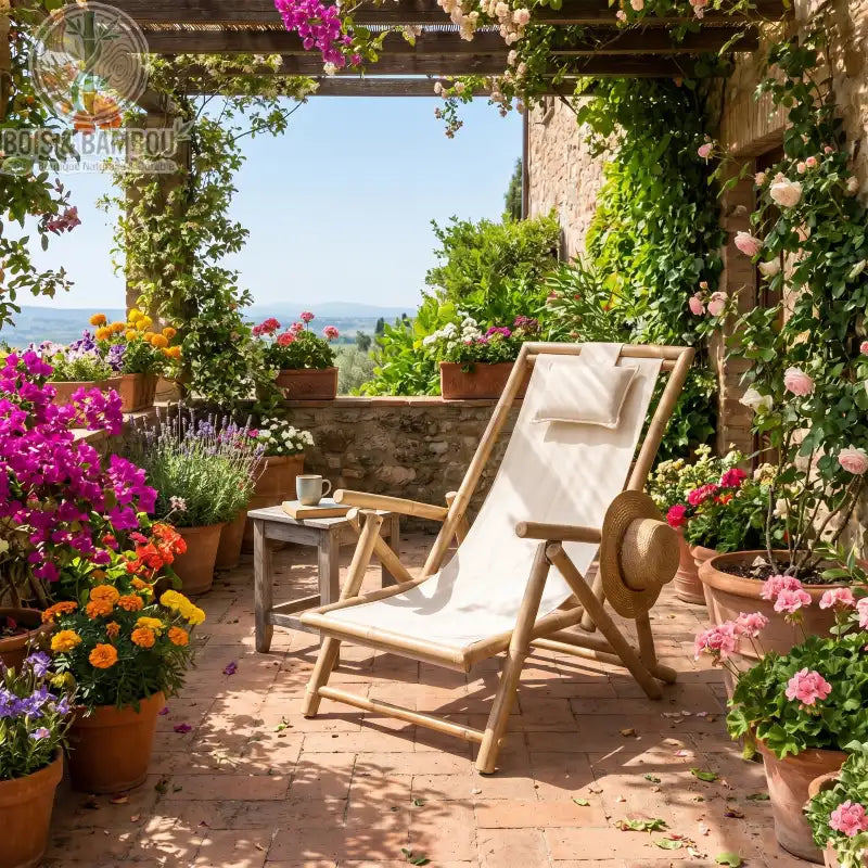 Chilienne en Bambou situation 1. Une chilienne en bambou avec toile écrue et repose-tête installée sur une terrasse méditerranéenne fleurie sous une pergola, créant un coin de lecture ensoleillé.