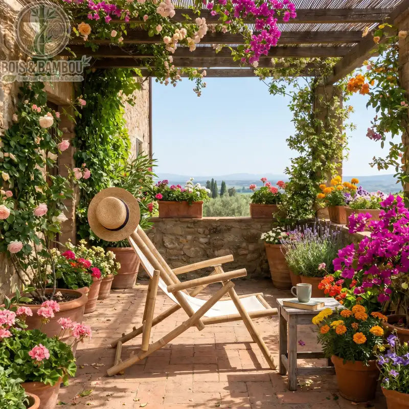 Chilienne en Bambou situation 2. Chilienne en bambou de profil sur une terrasse ensoleillée, entourée de fleurs éclatantes et d'une pergola fleurie, invitant à la détente dans un cadre naturel.