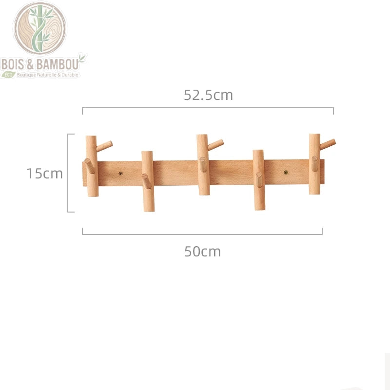 Cintre Mural en Bois 5 crochets claire. Un porte-manteau mural en bois clair de 52,5 cm de long avec cinq crochets multidirectionnels, présentant ses dimensions sur fond blanc.