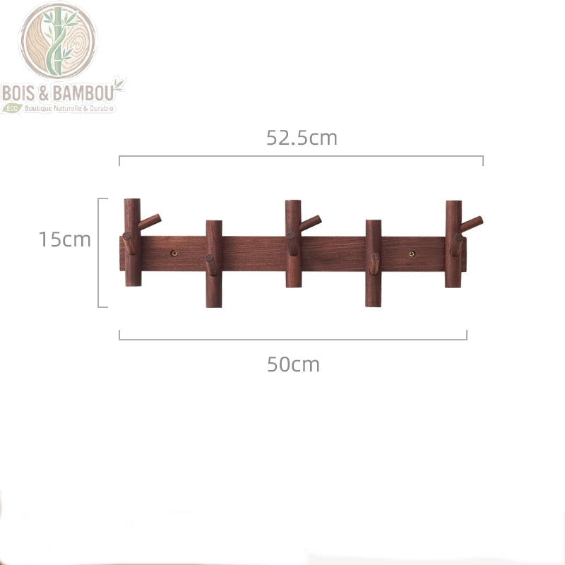 Cintre Mural en Bois 5 crochets marron. Un porte-manteau mural en bois sombre de 52,5 cm de long avec cinq crochets multidirectionnels, présentant ses dimensions sur fond blanc.