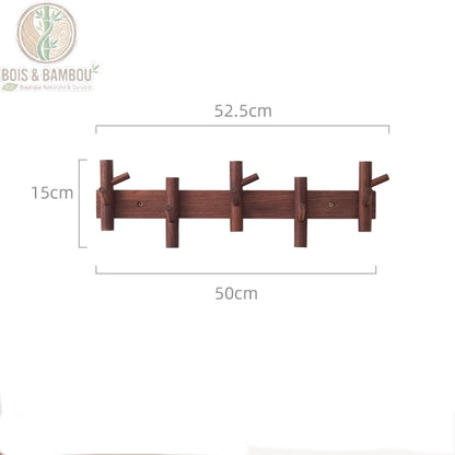 Cintre Mural en Bois 5 crochets marron. Un porte-manteau mural en bois sombre de 52,5 cm de long avec cinq crochets multidirectionnels, présentant ses dimensions sur fond blanc.