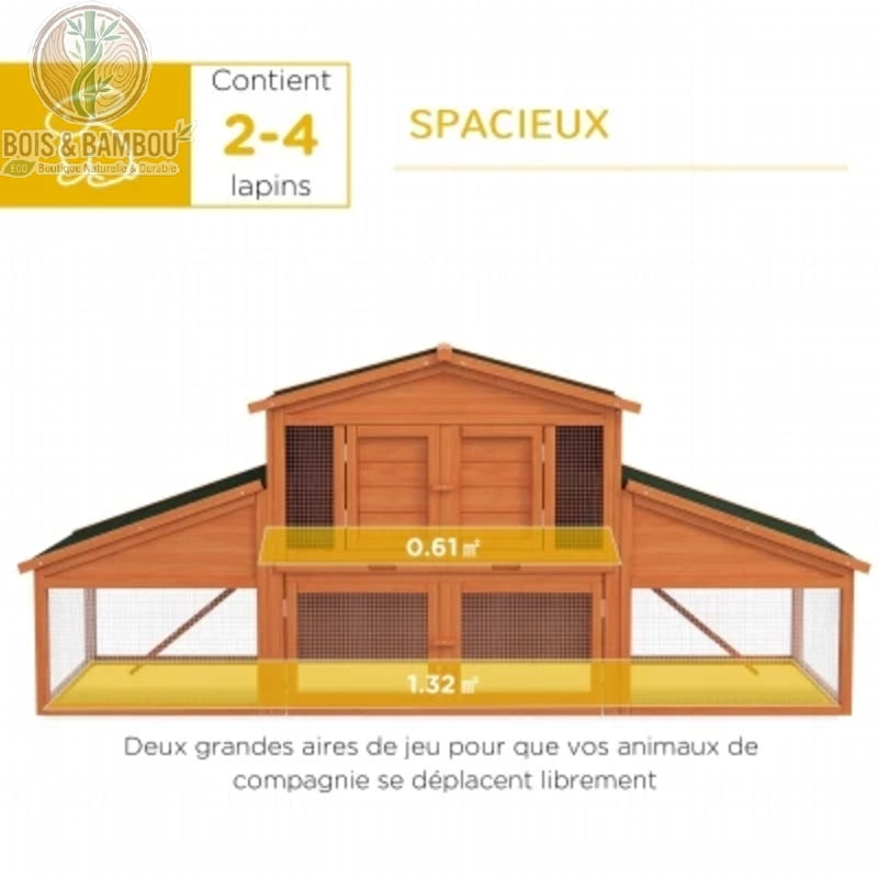 Clapier XXL en bois spacieux pour 2 à 4 lapins avec aires de jeu de 1,32 m² et 0,61 m²